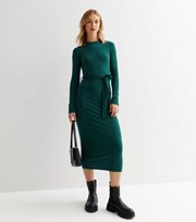 New Look Dark Green Ribbed Jersey Belted Bodycon Midi Dress